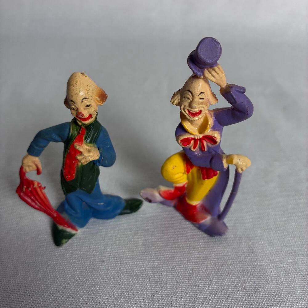 Vintage Set 2 Hong Kong Hard Plastic Clown Figurines Umbrella Cane Top Hat 3.5"